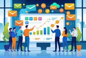 A group of business professionals collaborating around a digital screen showing email icons and growth charts in a modern office setting.