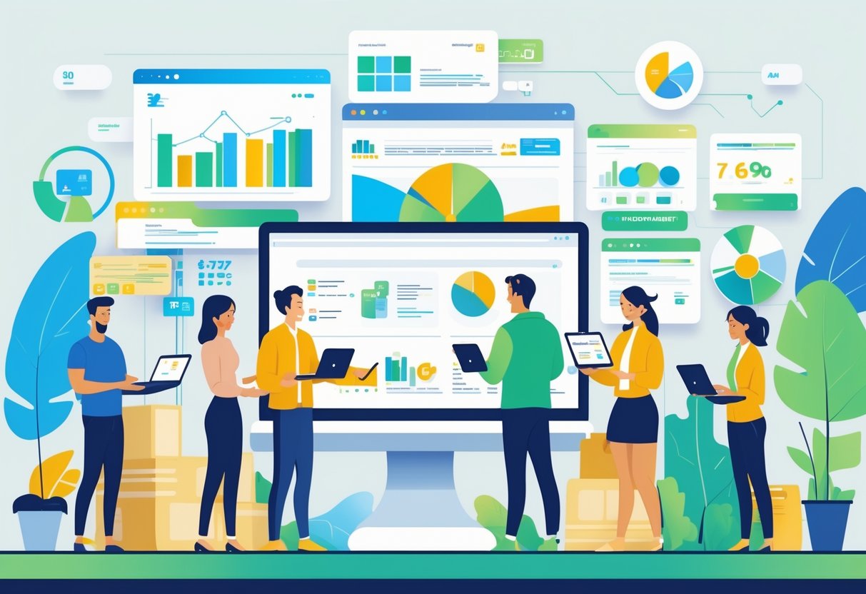 Small business owners using laptops and tablets in an office setting, interacting with digital platforms representing website tools and business growth.