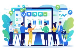 A group of people in an office reviewing website platform options on a large screen, discussing and taking notes.