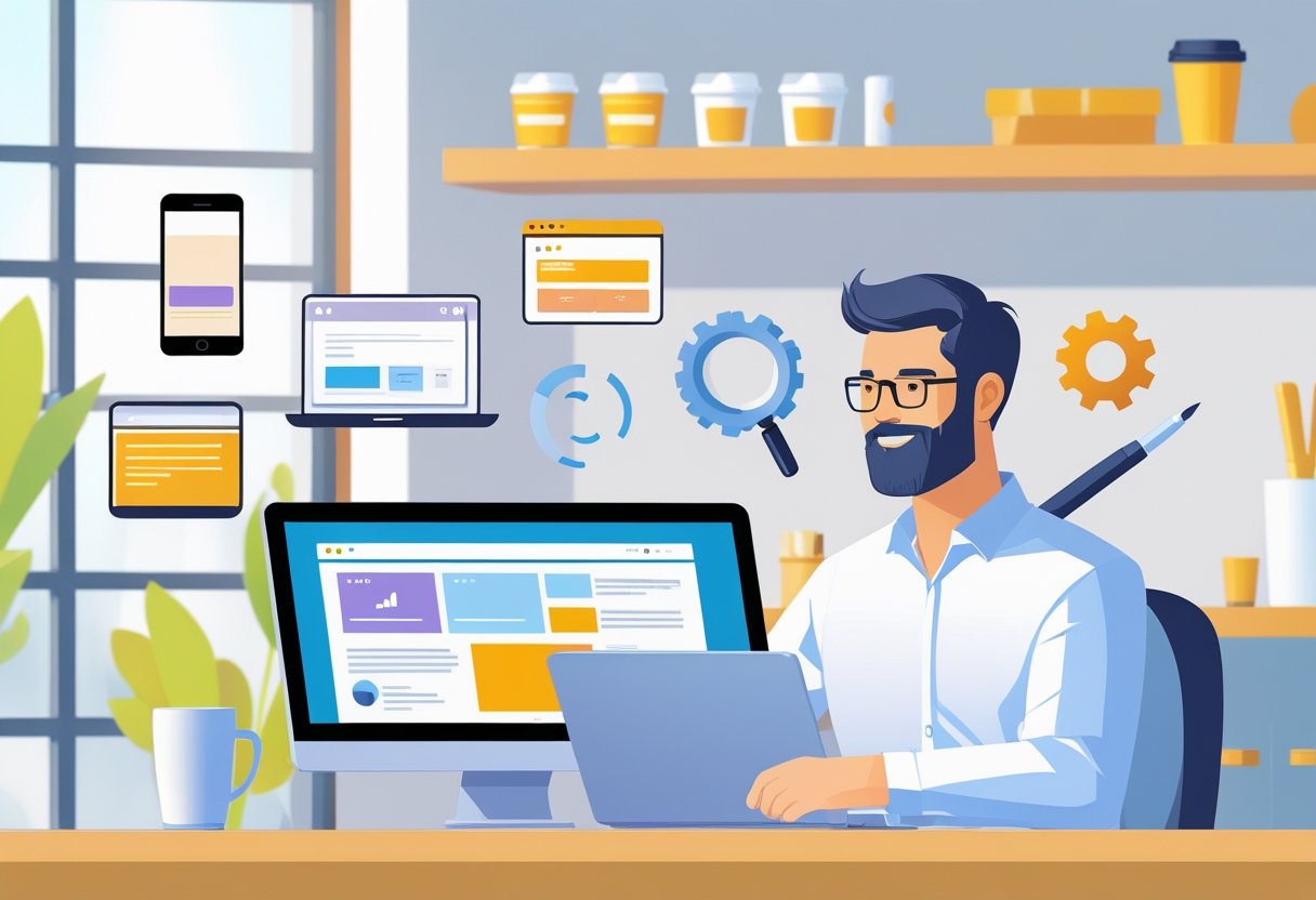 A small business owner working on a laptop with icons representing web development services floating nearby in a bright office setting.