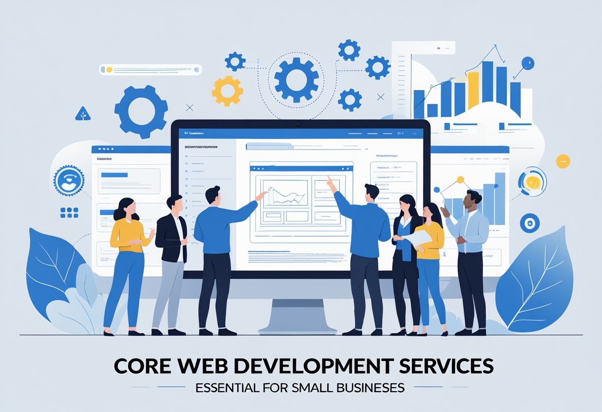 A group of small business owners collaborating around a laptop showing a website wireframe, surrounded by icons representing web development services like responsive design, e-commerce, SEO, content management, and maintenance.