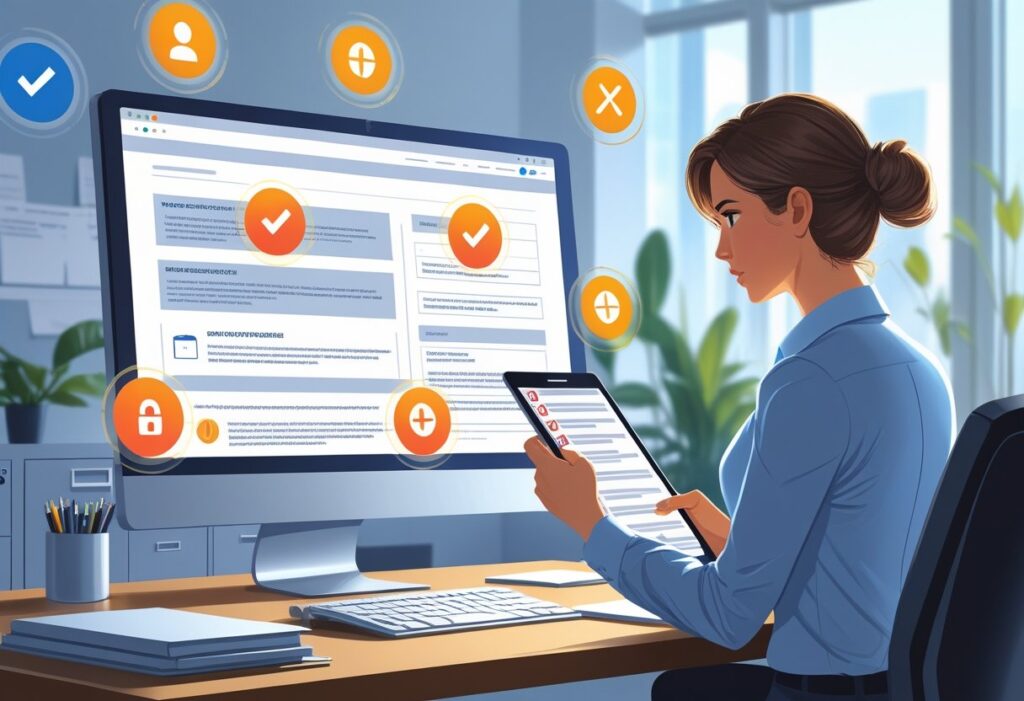 A person reviewing a computer screen showing website compliance issues with icons representing privacy, cookies, and disclaimers highlighted as missing or incorrect.