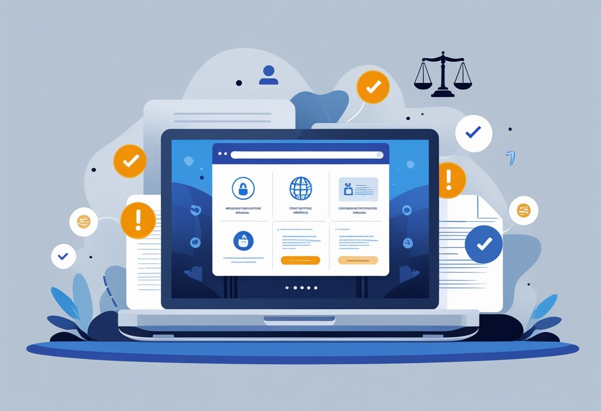 A computer screen showing website elements with icons representing privacy, cookies, and disclaimers, surrounded by warning symbols and legal icons.
