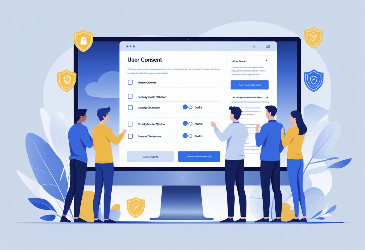People interacting with a website interface showing user consent options for privacy, cookies, and disclaimers, with icons representing security and compliance.