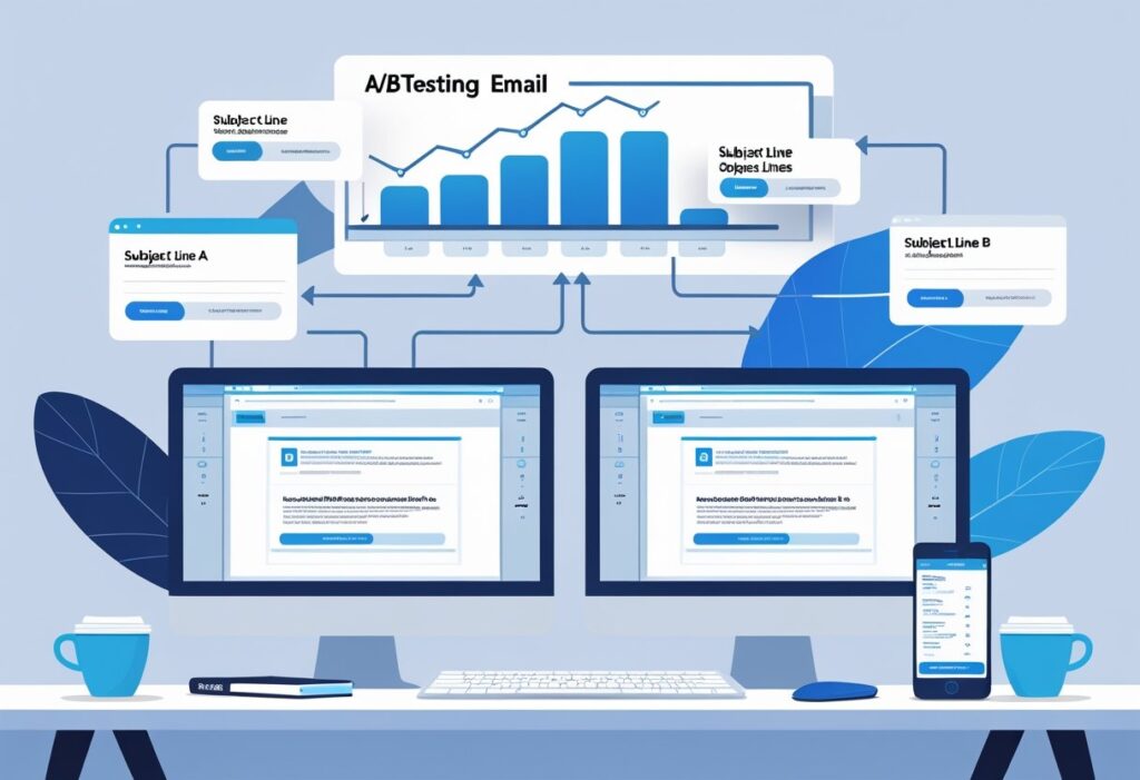Two computer screens on a desk showing different email subject lines being tested, with a flowchart and graph indicating the analysis of open rates.