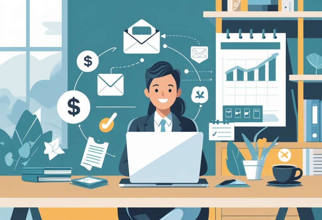 A small business owner working at a desk with a laptop, surrounded by icons representing email marketing strategies and business growth.