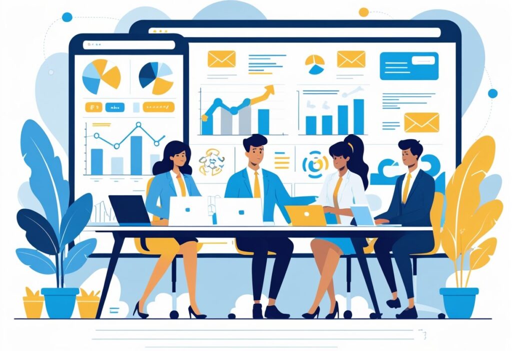 A group of small business owners collaborating around a digital screen showing email marketing charts and icons in a modern office setting.