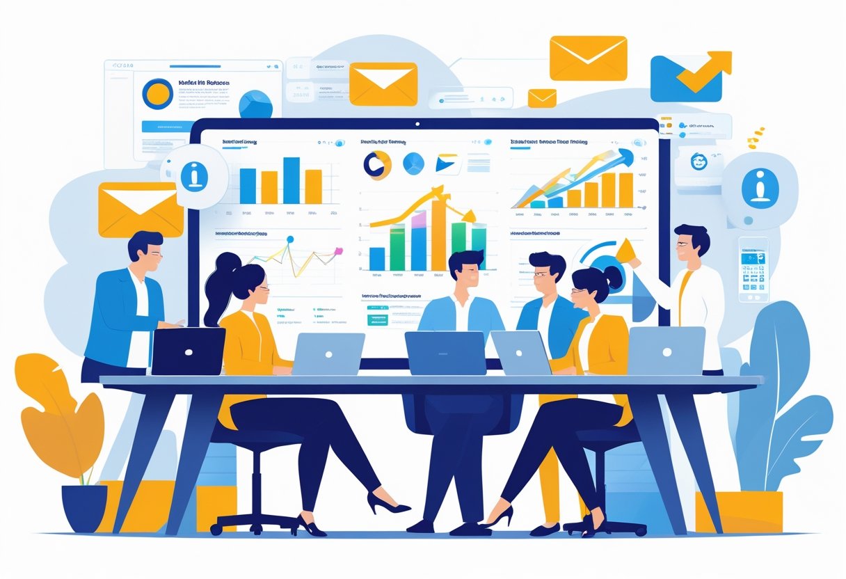 A team of professionals working together in an office with digital devices showing marketing data and charts.